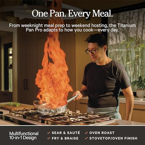 Image of Our Place Large Titanium Always Pan Pro | 12.5 inch PFAS-Free Nonstick Frying Pan with Spatula | Chef-Grade Tri-Ply Stainless Steel & Aluminum Build | Induction & Oven-Safe up to 1000F | Chrome