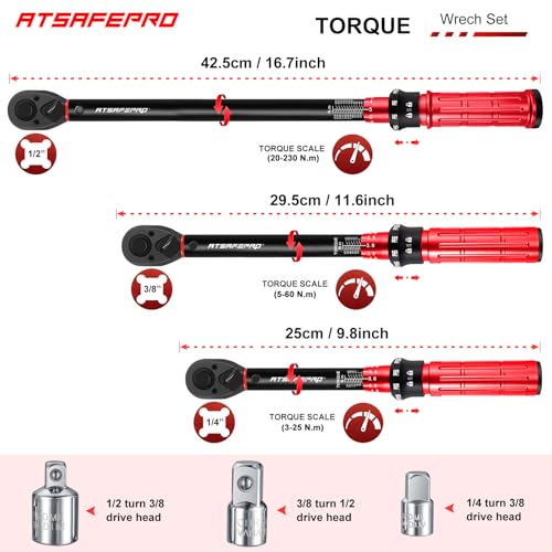 ATsafepro Torque Wrenches Set 1/4 3/8 1/2 inch Drive Click, Torque Wrench Bike Moto Auto 3-25NM 5-60NM 20-230NM - Image 2