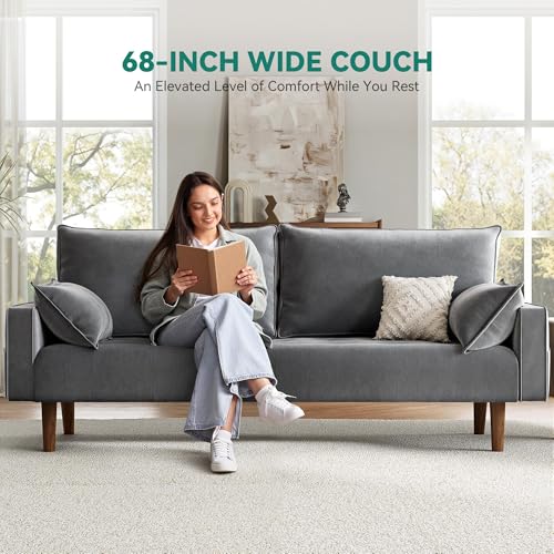 DWVO 68" Loveseat Sofa, Velvet Fabric Sofa Couch for Small Space, Modern Loveseat with Button Tufted Seat and Side Storage Pockect, 3 Seater Couch for Living Room Bedroom, 2 Pillows Included, Grey