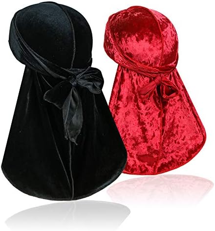 2 Pcs Wave Durags (Velvet Durag and Crushed Velvet Durag ) – Premium Soft Headwraps with Extra Long Tail Perfect for 360 Waves
