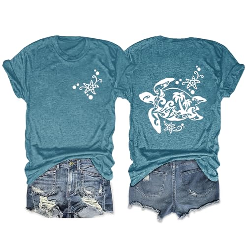 Anbech Women Sea Turtle Tshirt Hawaii Beach Graphic Tees Short Sleeve Crew Neck Summer Tops (Green, L)