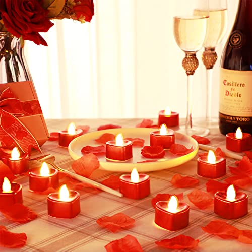 48 Pieces Romantic Heart Led Candles With 1000 Pieces Artificial Rose Petals Flameless Flickering Candle Battery Powerd Tea Lights For Valentine's Day Wedding Anniversary Marry Me Decor (Classic) #TOP2