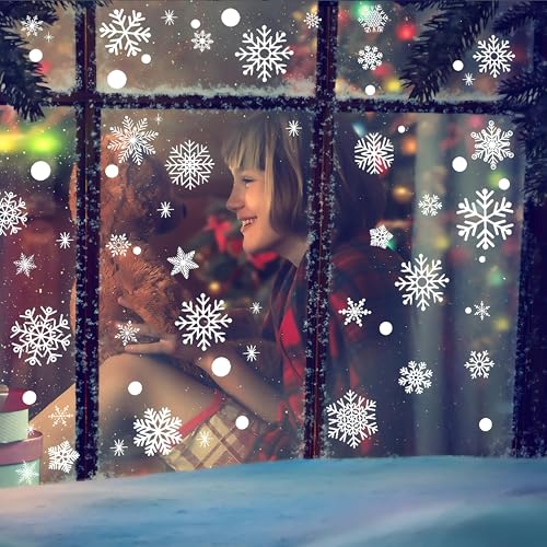 Image of AhfuLife Christmas Snowflakes Window Clings, 152 PCS Reusable Window Stickers for Glass, 8 Sheets Double Sided Snowflakes Stickers for Xmas Party