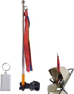 Stroller Flag with Clip, 360° Swivel Stroller Identifier Sign, Telescopic Rod with Colorful Ribbons for Baby Stroller, Wheelchair, Shopping Cart, in Amusement Park, Theme Park Spotter