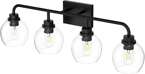 Miniatura 7 de Tipace Lámparas industriales para tocador de baño, 4 luces, acabado negro vintage con globo de vidrio transparente, iluminación de baño de granja