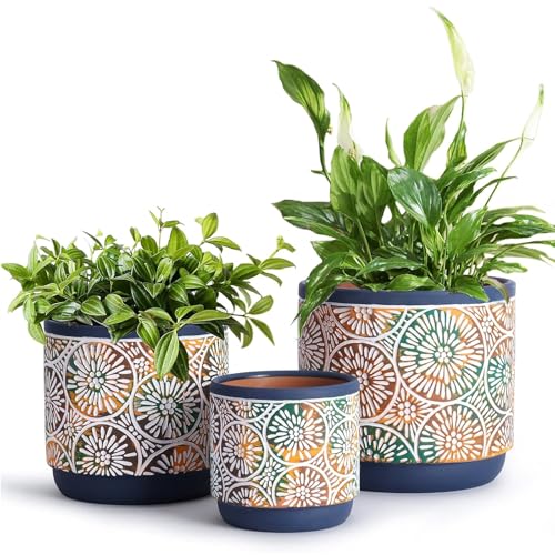 DeeCoo 3 Piece Ceramic Plant pots Indoor Pots Set with Drainage Holes, 5.7/4.7/3.5/inch, Modern Decorative pots Outdoor Plants Lilies, Cacti, Succulents, Snakes, and Bamboo (Blue) by DeeCoo - Used condition - US$17.09