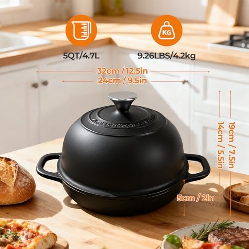 5QT Pre-Seasoned Cast Iron Dutch Oven For Bread Baking, Dutch Oven with Domed Lid, Sourdough Bread Baking Supplies, Multi-Functional Bread Pan For Baking, Frying, Roasting - Thumbnail 2