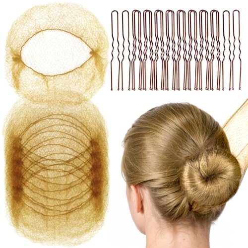 Fandamei Hair Accessories Set: 20PCS Mesh Hair Nets Invisible and 40PCS U Shaped Hair Pins for Women, Girls, Ballet Bun Maker & Dance (Hair Nets- 20 inch(50cm), Hair Pins- 2.4 inch(6cm)), Brown