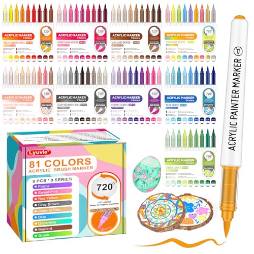 Lyuvie 81 Couleurs Feutres Acrylique, 1-6mm Marqueur Peinture Acrylique Stylo Pointe Pinceau - Acrylic Paint Marker à Base D'eau pour Pierres, Papier, Tissus,Bois, Cailloux,Verre et Plastique