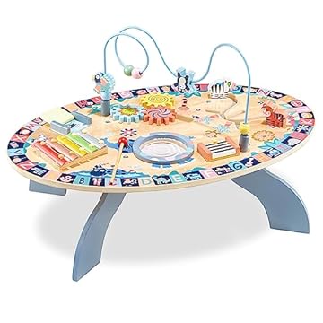 mamabrum Tavolo attività in Legno per Bambini 6+ Mesi – Tavolo Gioco Educativo Montessori con Giochi Sensoriali, Motricità Fine, Tamburo, Ingranaggi e Animali, 67,5 x 47 x 42 cm