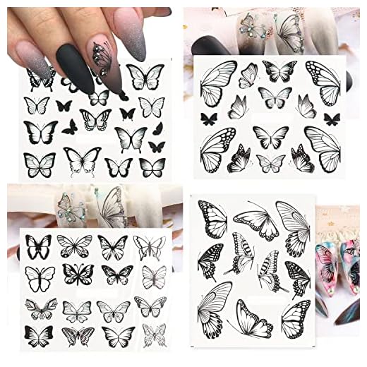 Butterfly Nail Stickers for Nail Art,4 Sheets Water Transfer Nail Art Stickers for Nail Designs,Black Butterfly Nail Art Design Decals,Nail Sticker Decal