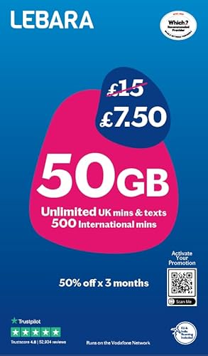 Lebara SIM Card: 50GB for £7.50, Half Price for First 3 Months, No Contract, UK Calls, UK Texts and International Calls Included, Multi-size, Fits All Devices