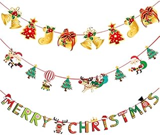kuou 5 Pcs Merry Christmas Decorations, Christmas Bunting Merry Christmas Paper Cartoon Hangings with Patterns of Santa Claus Snowman Reindeer