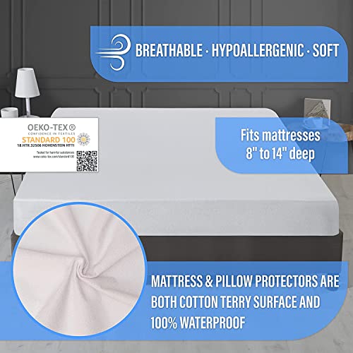 Protector de colchón impermeable King con 2 fundas de almohada de rizo de algodón transpirable 6
