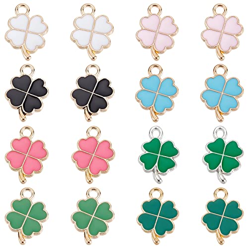 SUNNYCLUE 1 Box 64Pcs 8 Colors Four Leaf Clover Charm Lucky Charms St Patrick Day Enamel Shamrock Irish Green Leaves for jewellery Making Earrings Bracelets DIY Supplies