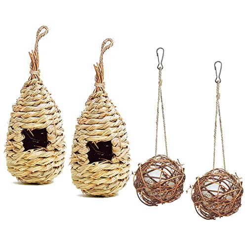 Uiuilz Hummingbird House for Outside Hanging, Globe Hummingbird Nesting Full of Bird Nest Fiber,Hand Woven Hummingbird Nest for Outdoor Indoor Tree Decorations Garden Gifts( 4 Pack)