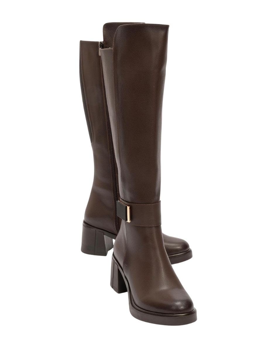Prologue Moreni - Cognac Stretch Buckle Block Heel Knee-High Boot Women