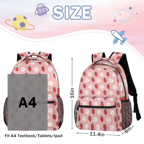 Strawberry Backpack For Girl - Cute Pink Schoolbag For Kid with Double Zipper, Breathable Shoulder Strap & Side Pocket for Water Bottle, Travel Pack for Kids Women Children Teens3