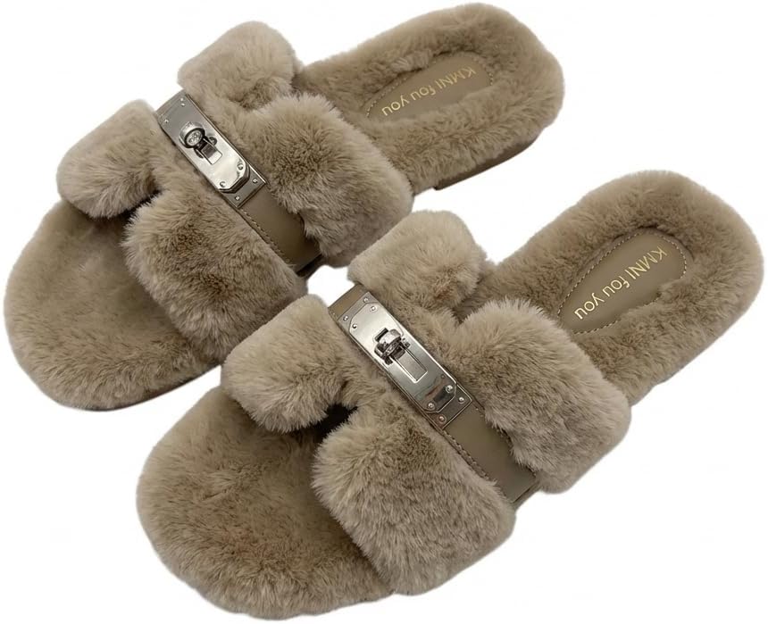 Women Faux Fur Slides Lock Buckle Sandals Fuzzy Open Toe Slippers Chic Elegant Plush Flat Shoes Indoor Outdoor Lounging Autumn Winter Spring