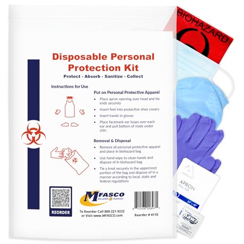MFASCO Disposable PPE Kit with Apron & Visor - Complete Protection - Mask, Visor, Apron, Gloves, Shoe Covers - USA Assembled - Vomit, Blood, Urine & Feces Protection