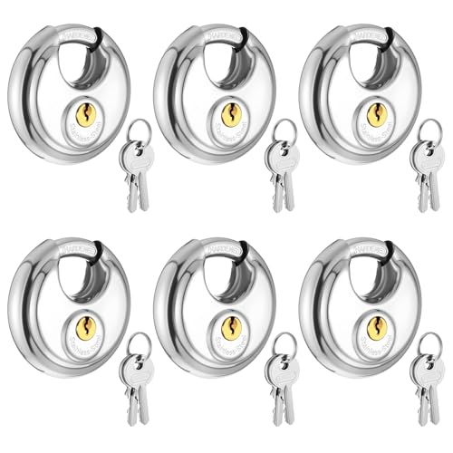 6 PCS Discus Keyed Alike Padlock, Stainless Steel Round Lock, 2-3/4 Inch Wide Heavy Duty Stainless Steel Outdoor Disc Lock with Key for Storage Unit Gate, Fence, Outdoor, Shed