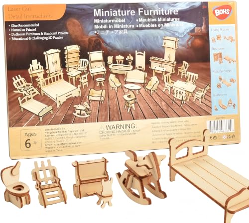 BOHS 34 St&uuml;ck Puppenhausm&ouml;bel Bastelset - Holz 3D Puzzle - Miniaturmodelle Puppenhaus Zubeh&ouml;r - ab 6 Jahren