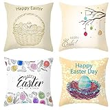 Lieson Juego de 4 fundas de almohada para sofá, 45 x 45 cm, diseño de huevos de Pascua, color beige y blanco