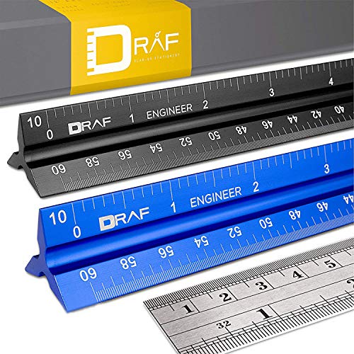 12-Inch Engineer Scale Ruler Set (Imperial) | Laser-Etched Aluminum Triangular Drafting Tool for Civil Engineering Blueprints | Standard Metal Ruler Included