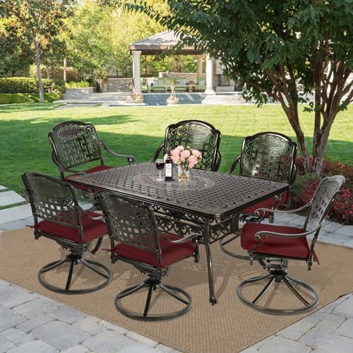 Image of MEETWARM 7-Piece Outdoor Patio Dining Set, All-Weather Cast Aluminum Patio Conversation Set with 6 Cushioned Swivel Rocker Chairs for Backyard Garden Deck, 1 Rectangular Table, Chili Red