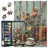 Vintage Jigsaw Puzzles for Adults 1000 Pieces, Cup of Tea with Books and Flowers on Old Wooden Background Puzzle, Impossible Jigsaw Puzzles for Adults, 19.5 x 27.5 Inch