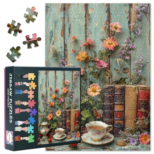 Vintage Jigsaw Puzzles for Adults 1000 Pieces, Cup of Tea with Books and Flowers on Old Wooden Background Puzzle, Impossible Jigsaw Puzzles for Adults, 19.5 x 27.5 Inch