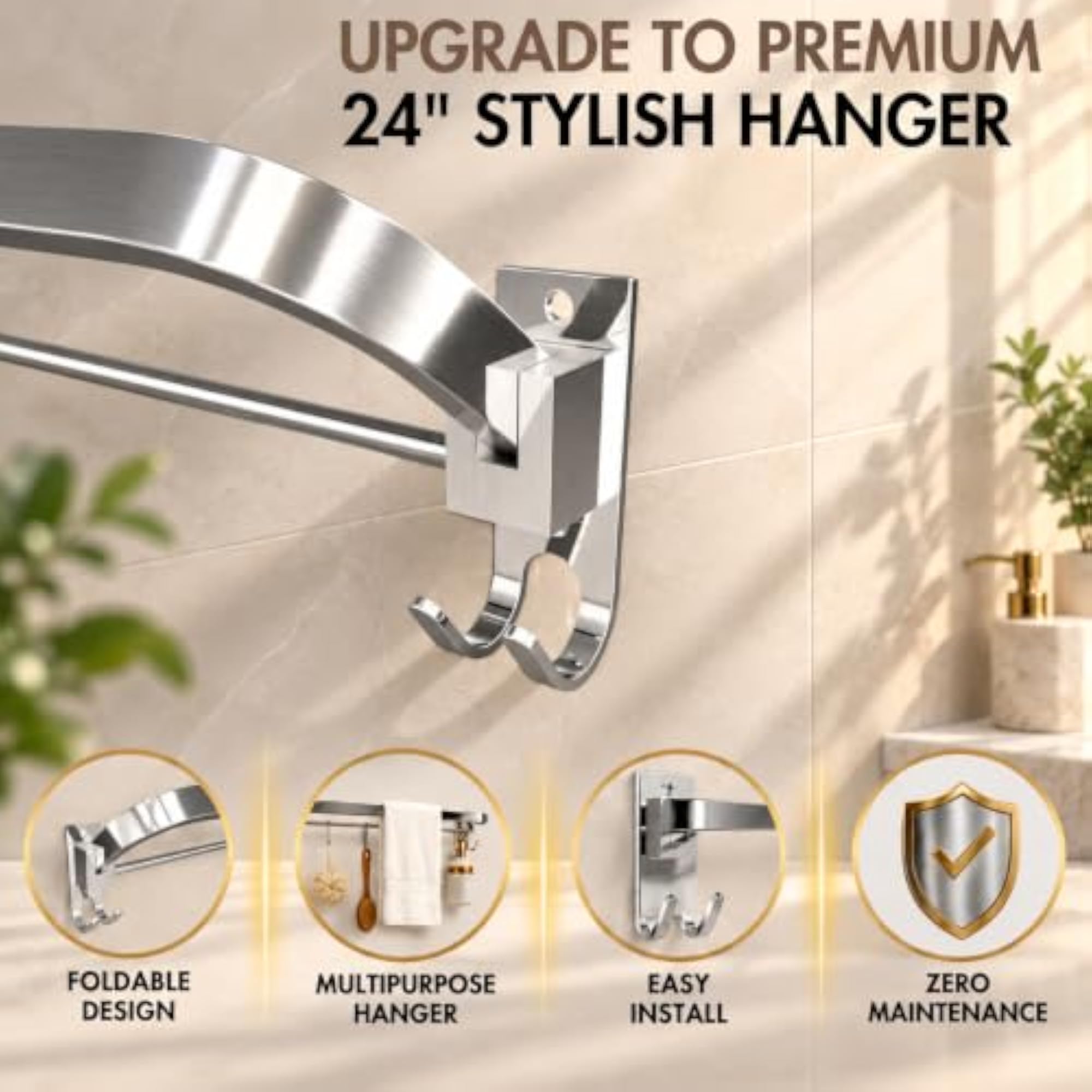 Self Adhesive 24 Inch Towel Rack for Bathroom