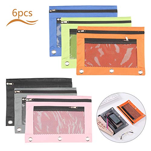 Matogle 6 pcs Estuche con 3 Agujeros Estuches Carpetas de Anillas Portátil Bolsa para Lápices con Cremallera 2 Bolsillos y Ventana de Mella Visible para Oficina Escuela Viaje Varios Colores