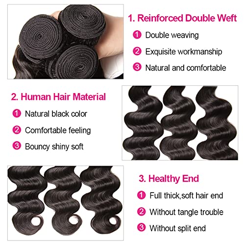 Aopusi Human Hair Bundles with Closure (22 24 26+20,Free Part) Body Wave Bundles with Lace Closure Brazilian Human Hair Weave Bundles with Closure Virgin Hair Weft 150% Density Natural Color - Image 3