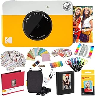 KODAK Printomatic Instant Camera (Yellow) All-In-Bundle + Zink Paper (20 Sheets) + Case + Photo Album + 7 Sticker Sets + Markers + Scissors