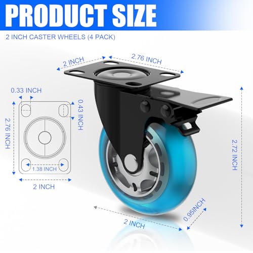 Image of Apllamo 2 Inch Plate Casters Set of 4 Double Brake Heavy Duty