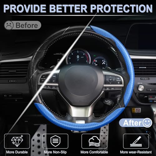 Amiss 3pcs Carbon Fiber Anti-Skid Steering Wheel Cover, Segmented & Butterfly Design, Universal 99% Car Wheel Cover Protector, Blue