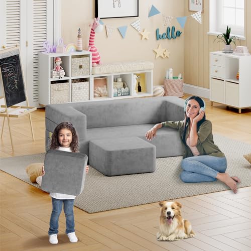 linor Kids Couch, Toddler Couch with Washable and Durable Covers, Modular Kids Sofa Couch, Foldable Loveseat & Two Ottoman, Fold Out Lounger (Charcoal)