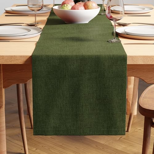 Image of Encasa XO Dining Table Runner for 4 to 6 Seater | 28x150 cm | Moss Green | Chenille Fabric | Machine Washable