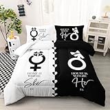 AILONEN Black White Comforter Set Queen Size, His and Hers Couples Printed Bedding Set Decor,Love Lines Splicing Soft and Comfortable Quilt Set All Season 3Pcs (1 Comforter+ 2 Pillowcases)