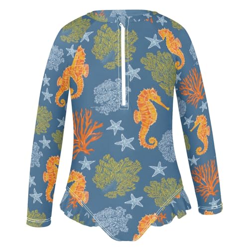 ALAZA Coral Reef Blue Seahorse Girls One Piece Swimsuit Long Sleeve Rash Guard Swimsuits UV 50+ Swimwear Zipper2