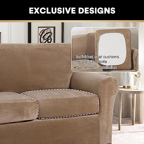 4 Pieces Sofa Covers Stretch Velvet Couch Covers For 3 Cushion Sofa Slipcovers Soft Sofa Slip Covers Furniture Covers With 3 Individual Seat Cushion Covers, Machine Washable (Large, Camel) #TOP4