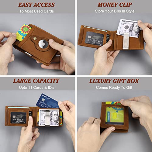 HUAFIY AirTag Wallet Genuine Leather Mens Wallet with Money Clip Air Tag Wallet Card Holder RFID Blocking Bifold3
