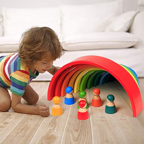 Lewo 12 PCS Wooden Rainbow Stacker Extra Large Stacking Game Nesting Puzzle Building Blocks Educational Toys for Kids Baby Toddlers