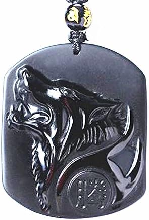 Excellent Natural Obsidian Wolf's Head Charm Wish Good Luck Beaded Pendant Necklace