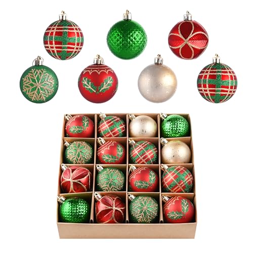 Valery Madelyn Ornaments for Christmas Tree, 16ct 2.36 Inches Red Green Gold Shatterproof Christmas Tree Decorations, Traditional Country Hanging Ball Ornaments Bulk for Xmas Holiday Decor