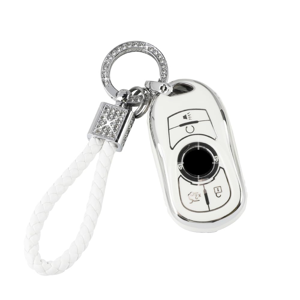 PIFOOG White Key Fob Cover for Buick 6 Buttons Car Keys Shell Case Protector Soft TPU Bling Keychain for Buick Enclave Encore LaCrosse Regal Envision