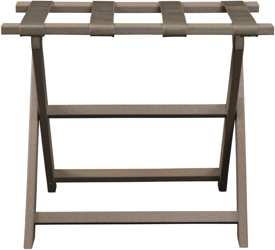 HomeRoots Earth Friendly Taupe Folding Luggage Rack with Dark Tan Straps