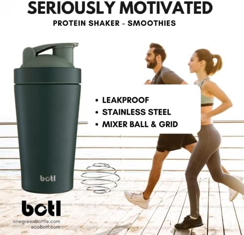 One Green Bottle Stainless steel protein shaker with measuring scale on the side, mixer ball, grid cap, 500ml measured fits 700ml drink (Go with the Flow Green)