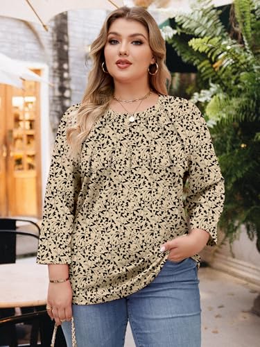 Image of Chulianyouhuo Womens Plus Size Tops 3 /4 Sleeve Casual T Shirts | Crew Neck, Pleated Blouse Tee, Dressy Casual Shirts, Loose Fit Tunic Tops, Soft Fabric, Going Out Outfits